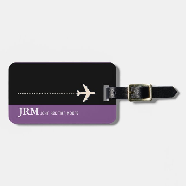 Étiquette À Bagage monogramme personnalisé violet / avion voyage (Devant horizontal)
