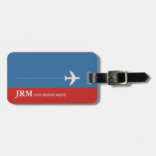 Étiquette À Bagage monogramme personnalisé voyage en rouge et bleu / 