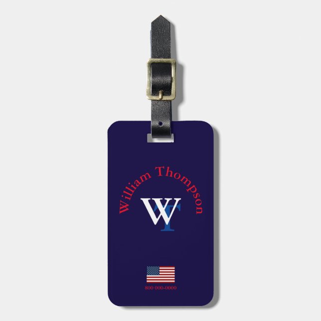 Étiquette À Bagage monogramme personnalisé voyageur aux États-Unis (Devant Vertical)