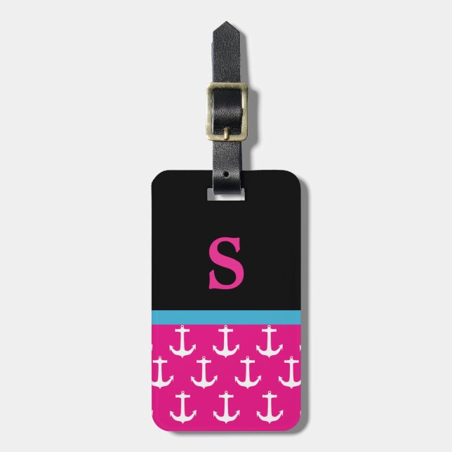 Étiquette À Bagage Monogramme Pink Nautical Ancre Motif bagage Balise (Devant Vertical)