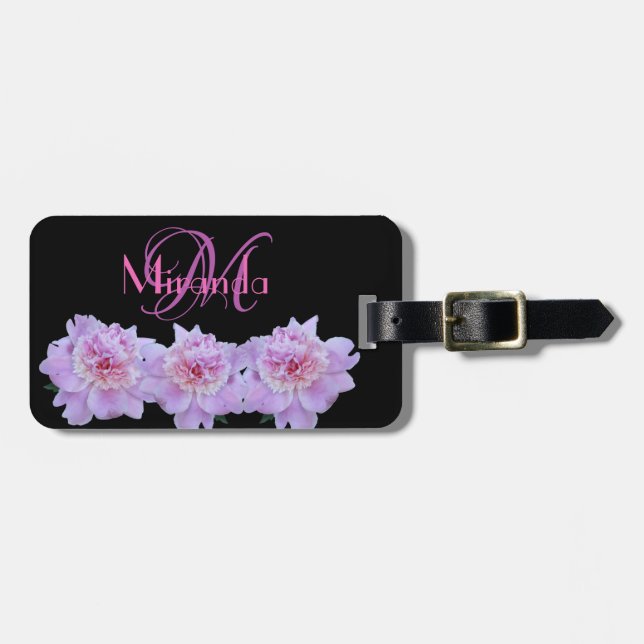 Étiquette À Bagage Monogramme Pink Purple Peonies Noir Rétro (Devant horizontal)