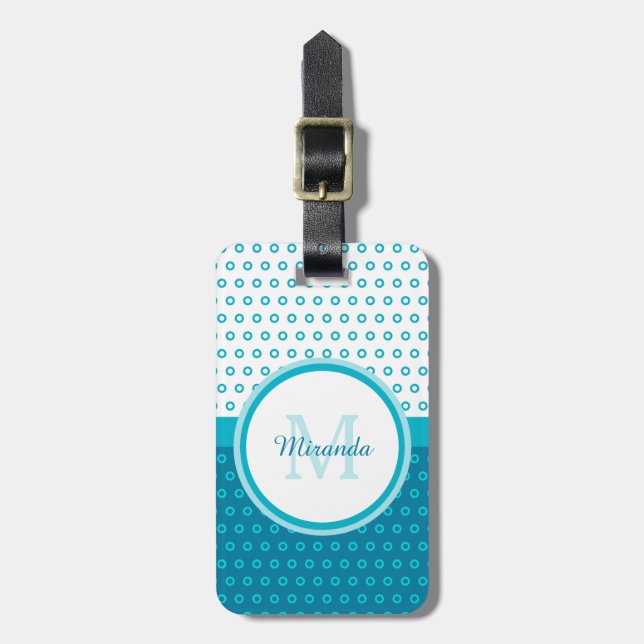Étiquette À Bagage Monogramme Pois bleu turquoise mod avec nom (Devant Vertical)