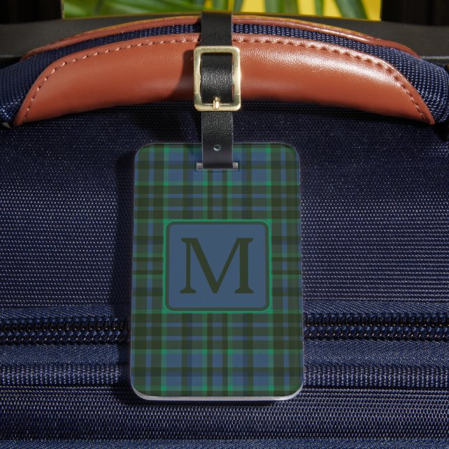 Étiquette À Bagage Monogramme préppy vert et bleu plaid (Insitu Rectoal 2)