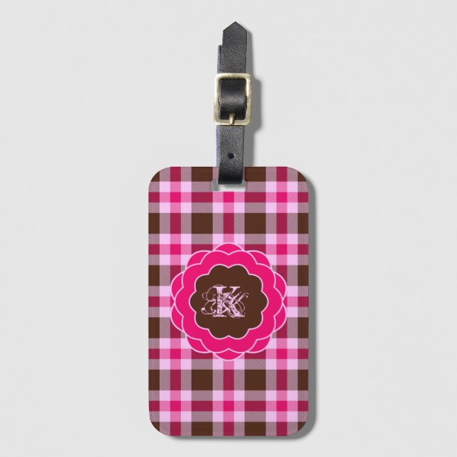 Étiquette À Bagage Monogramme Pressé Rose & Brown Dans Le Cadre À Cal (Devant Vertical)