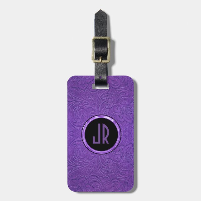 Étiquette À Bagage Monogramme Purple Suede Cuir Design Floral (Devant Vertical)