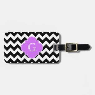 Étiquette À Bagage Monogramme Quatrefoil noir blanc Chevron Lilac