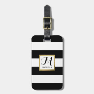 Étiquette À Bagage Monogramme rayé noir et blanc personnalisé d'or