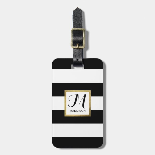 Étiquette À Bagage Monogramme rayé noir et blanc personnalisé d'or (Devant Vertical)