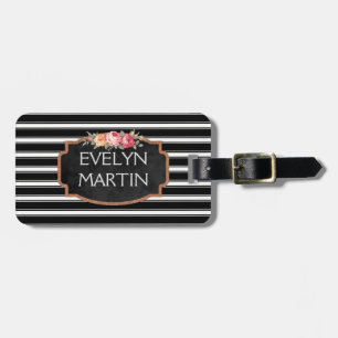 Étiquette À Bagage Monogramme rayé vintage personnalisé de la fleur  