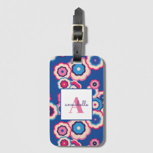 Étiquette À Bagage Monogramme Retro Blue Rose Flower Power Personnali