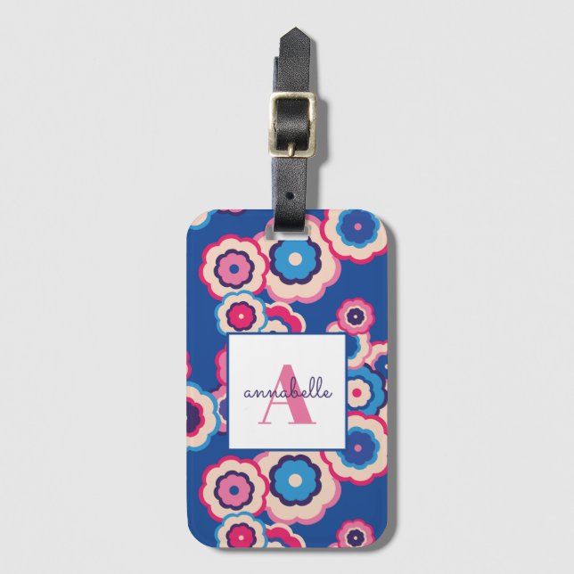 Étiquette À Bagage Monogramme Retro Blue Rose Flower Power Personnali (Devant Vertical)