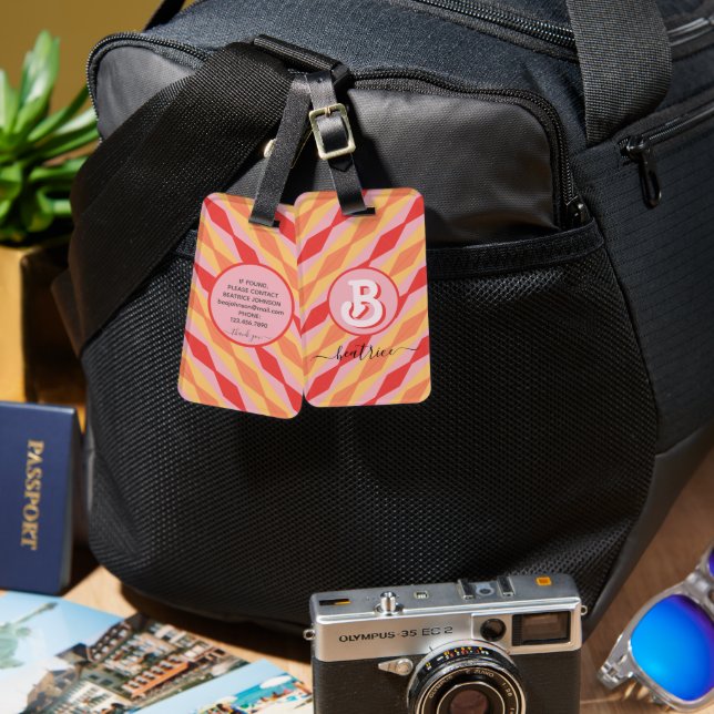 Étiquette À Bagage Monogramme Rétro Hippie Années 70 Rose Géométrique (Recto & Verso)