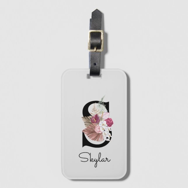 Étiquette À Bagage Monogramme Rose Boho Girl Floral Initial S (Devant Vertical)