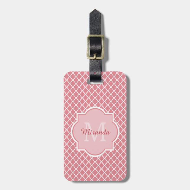 Étiquette À Bagage Monogramme rose chic de Quatrefoil avec le nom (Devant Vertical)