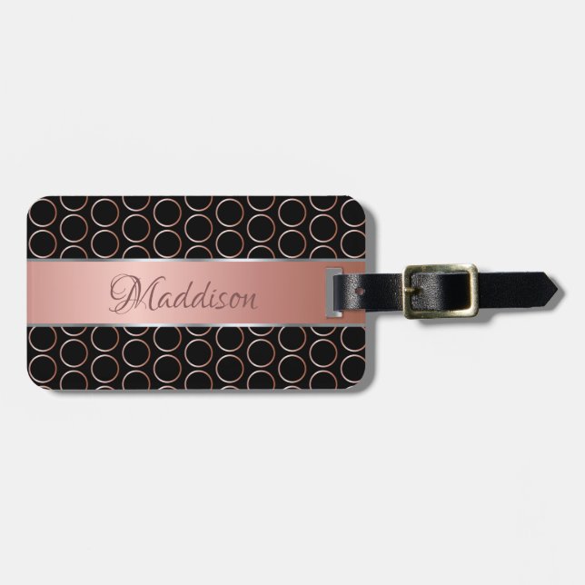 Étiquette À Bagage Monogramme rose de motif de points d'or (Devant horizontal)