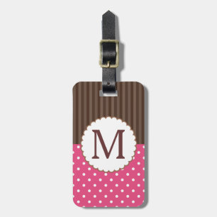 Étiquette À Bagage Monogramme rose et Brown de rayures de pois