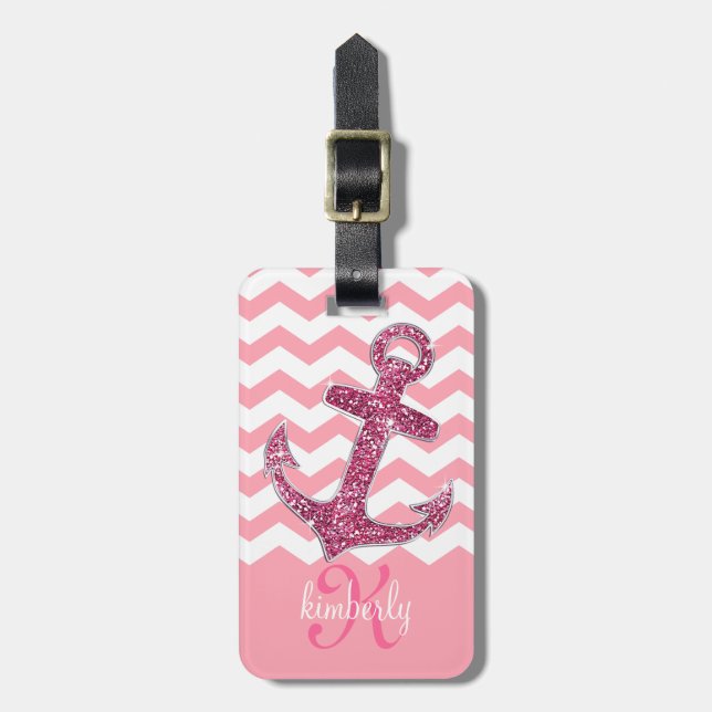 Étiquette À Bagage Monogramme rose Girly de Chevron d'Ancre de (Devant Vertical)