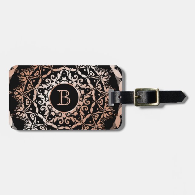 Étiquette À Bagage Monogramme rose Gold Floral Mandala (Devant horizontal)
