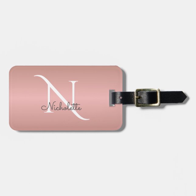 Étiquette À Bagage Monogramme Rose Gold Girl Script Nom personnalisé (Devant horizontal)