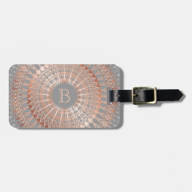 Étiquette À Bagage Monogramme rose Gold Grey Mandala (Devant horizontal)