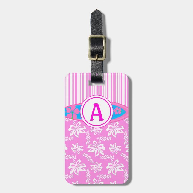 Étiquette À Bagage Monogramme rose Hawaiian Flower and Surboard Beach (Devant Vertical)