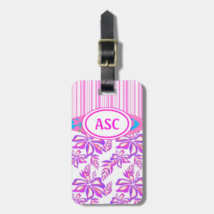 Étiquette À Bagage Monogramme rose Hawaiian Flower and Surboard Beach