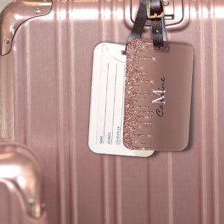 Étiquette À Bagage Monogramme Rose métallique Parties scintillant de