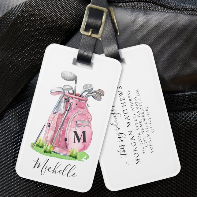 Étiquette À Bagage Monogramme rose nom golf (Pink Monogram Name Golf Luggage Tag)