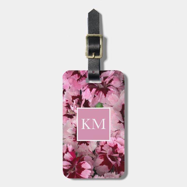 Étiquette À Bagage Monogramme rose oeillet Janvier Fleur d'anniversai (Devant Vertical)