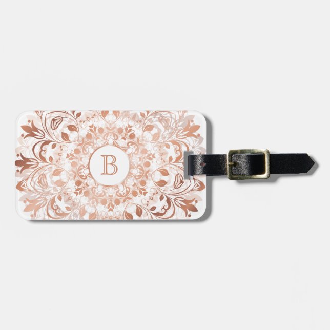 Étiquette À Bagage Monogramme rose or blanc floral Mandala (Devant horizontal)