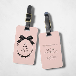 Étiquette À Bagage Monogramme Rose Pâle Ruban Noir Initiales Modernes
