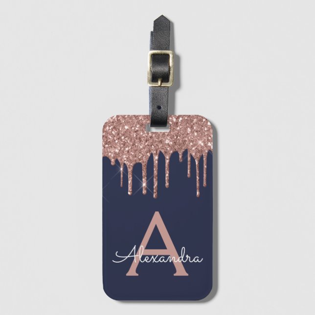 Étiquette À Bagage Monogramme rose Parties scintillant bleue de la Ma (Devant Vertical)