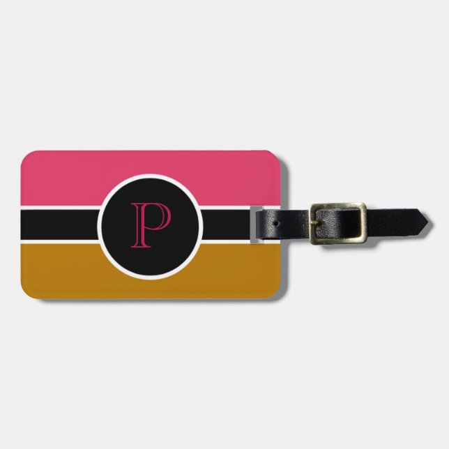 Étiquette À Bagage Monogramme rose Premier sac de voyage moderne (Devant horizontal)
