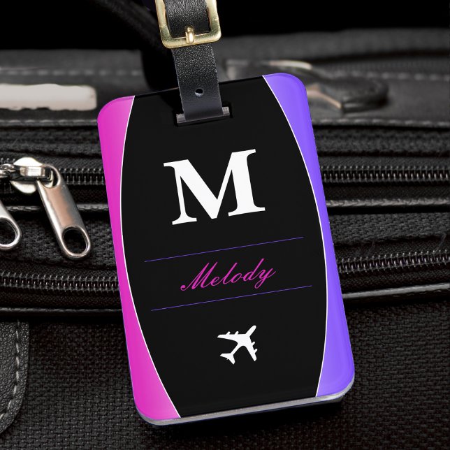 Étiquette À Bagage Monogramme rose violet et noir (pink purple and black monogram airplane pilot luggage tag)