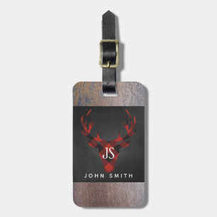 Étiquette À Bagage Monogramme rouge de tête de cerfs communs de plaid