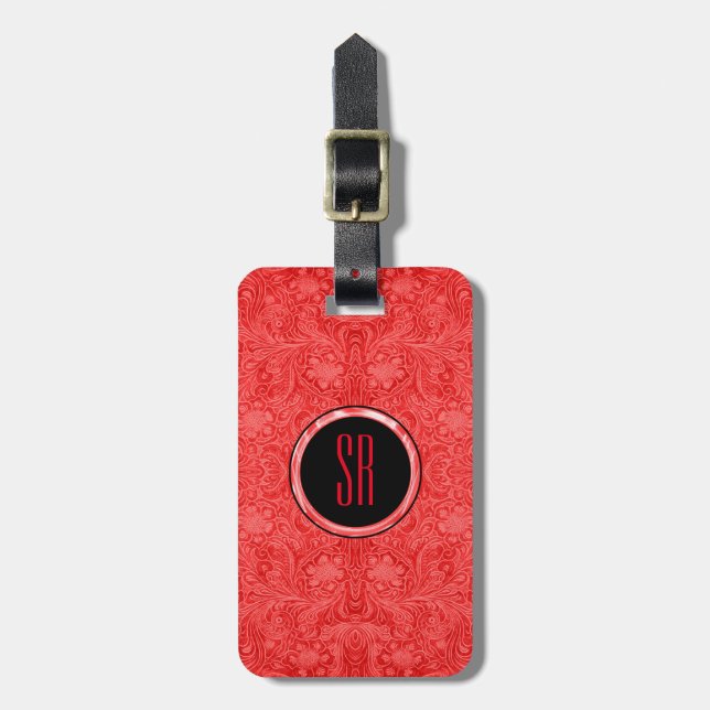 Étiquette À Bagage Monogramme Rouge Faux Suede cuir look (Devant Vertical)