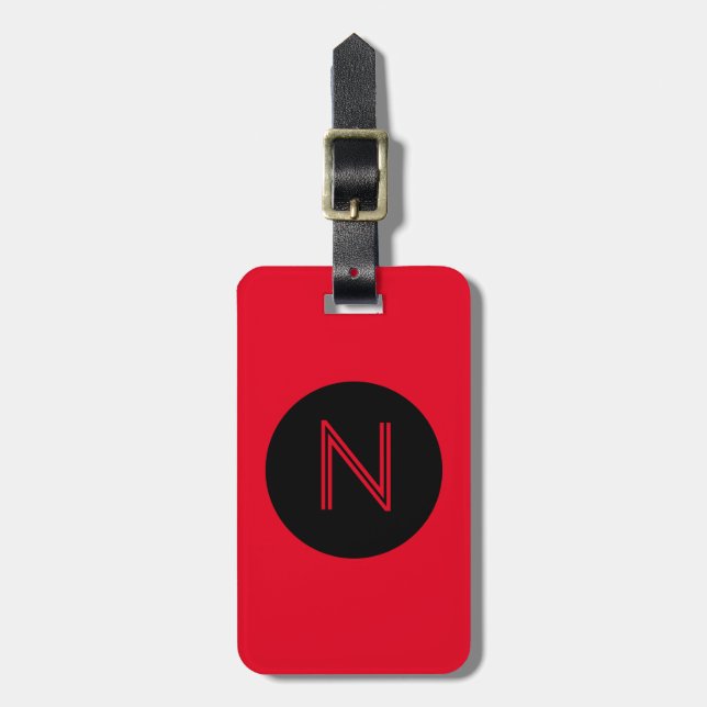 Étiquette À Bagage Monogramme rouge vif et noir (Devant Vertical)