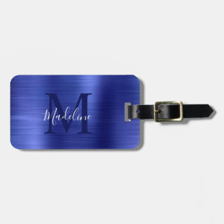 Étiquette À Bagage Monogramme Royal bleu métallique simple brossé