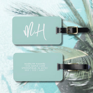Étiquette À Bagage Monogramme Script minimal Aqua Vacances vertes