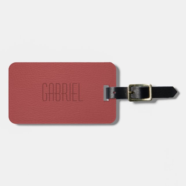 Étiquette À Bagage Monogramme simple en cuir rouge Faux (Devant horizontal)