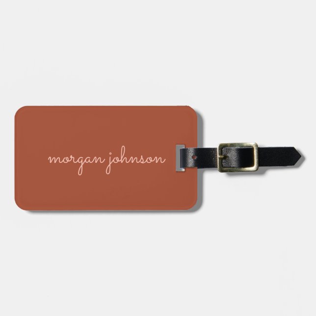 Étiquette À Bagage Monogramme tendance | Orange brûlé + Nom du script (Devant horizontal)