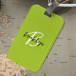 Étiquette À Bagage Monogramme tendance vert citron noir et blanc 