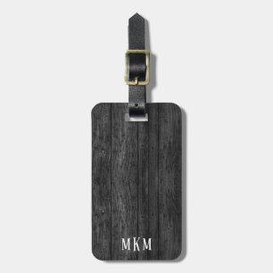 Étiquette À Bagage Monogramme texturé du grain de bois noir