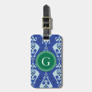 Étiquette À Bagage Monogramme tribal de motif d'ikat vert-bleu chic