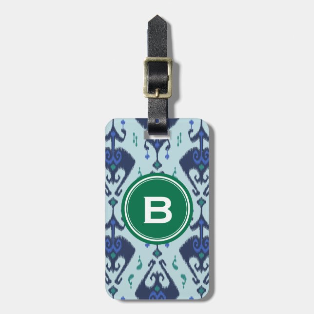 Étiquette À Bagage Monogramme tribal de motif d'ikat vert-bleu modern (Devant Vertical)