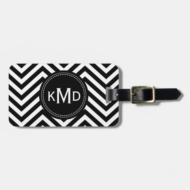 Étiquette À Bagage Monogramme trio classique noir blanc Chevron (Devant horizontal)