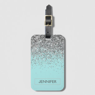 Étiquette À Bagage Monogramme Turquoise Bleu argenté Nom de la Partie