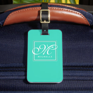 Étiquette À Bagage Monogramme Turquoise classique vert et blanc