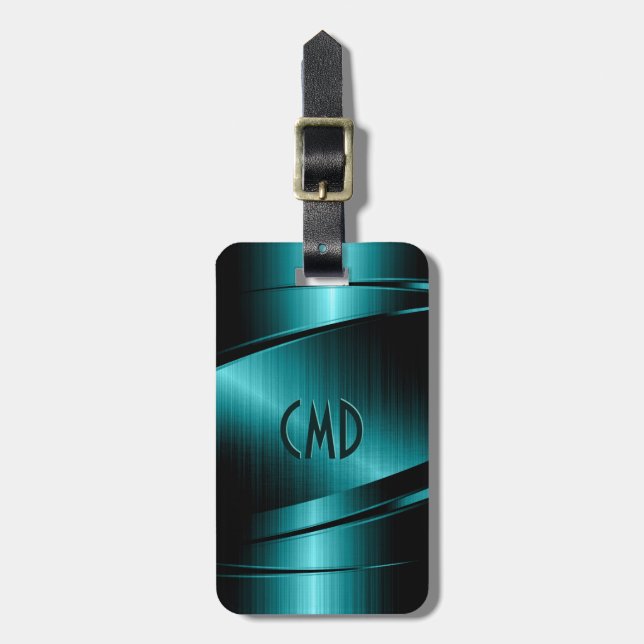 Étiquette À Bagage Monogramme Turquoise Green Faux Design métallique (Devant Vertical)