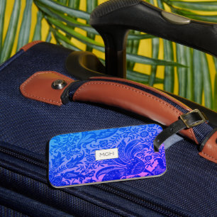 Étiquette À Bagage Monogramme végétal bleu vintage